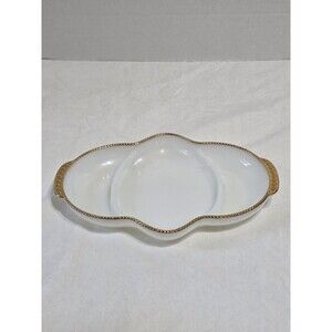 Fire King Oven Ware Platter White Glass w\ Gold Trim Made in USA